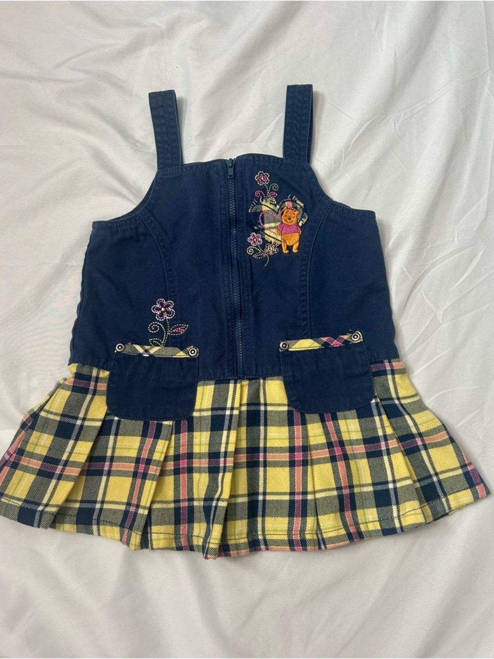 90’s  Y2K Winnie the Pooh Peplum Dress Jumper Yellow Navy Embroidered Plaid 3T